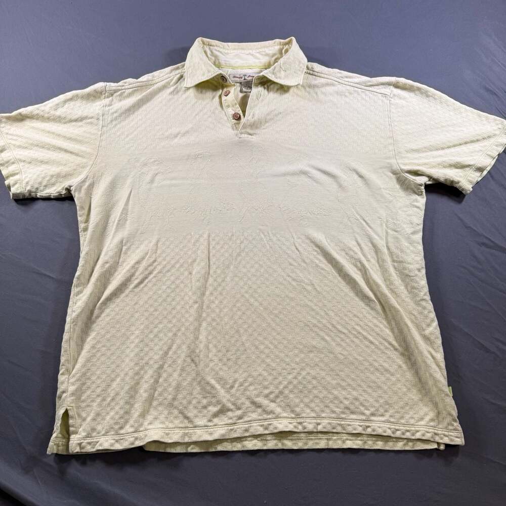 Tommy Bahama Mens L Silk Cotton Polo Yellow Embossed Hula Girls Hawaiian